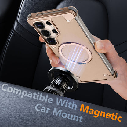 Luxury Metal Ring Bumper Leather Case With Magsafe For Samsung